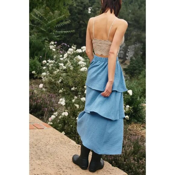 Smocked Waistband Cracked Woven Tiered Midi Skirt - Picture 3 of 4